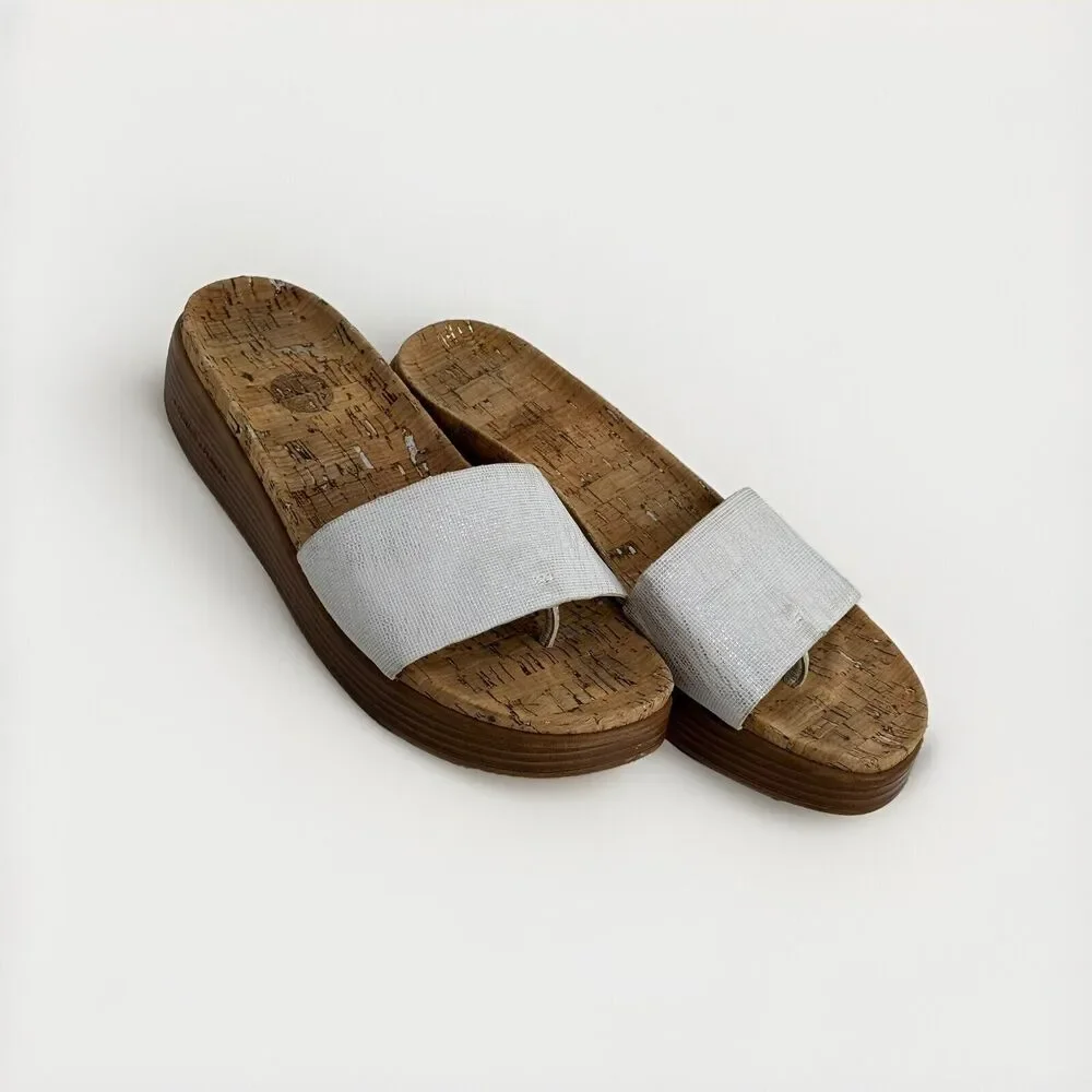 Donald Pliner Fiji Cork Wedge Platform Sandal Thong Slide Sz 9.5 Metallic Gray